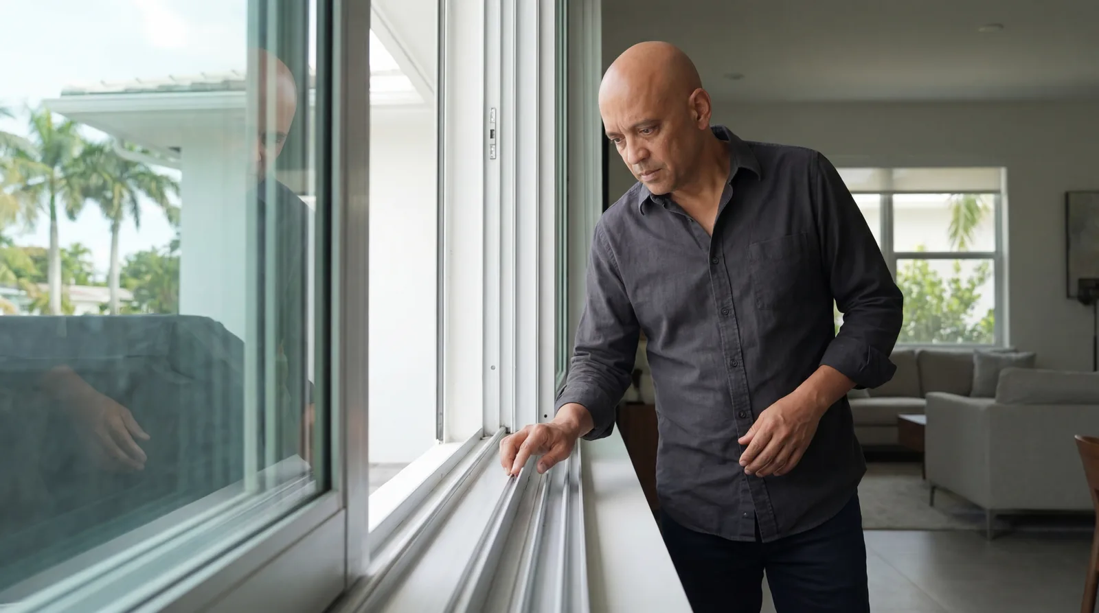 Nelson Paredes en una propiedad mirando un detalle constructivo